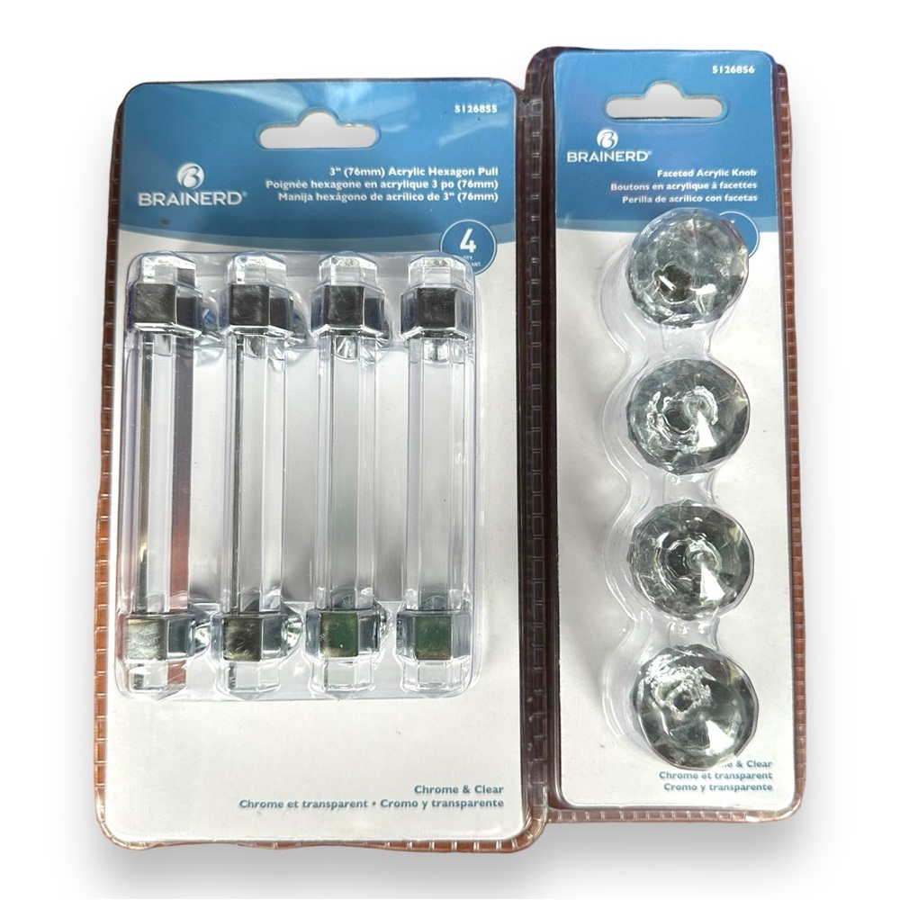 NWT Brainerd 3” Acrylic & Chrome Hexagon Cabinet or Drawer Handles 4 Pieces